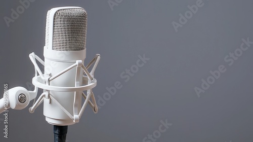White studio microphone on stand, grey background, recording, podcasting