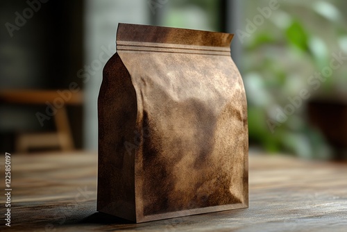 A medium size cement paper bag with a ziploc is opened, quietly resting on a wooden table. The background hints at a cozy indoor environment filled with soft natural light and greenery photo