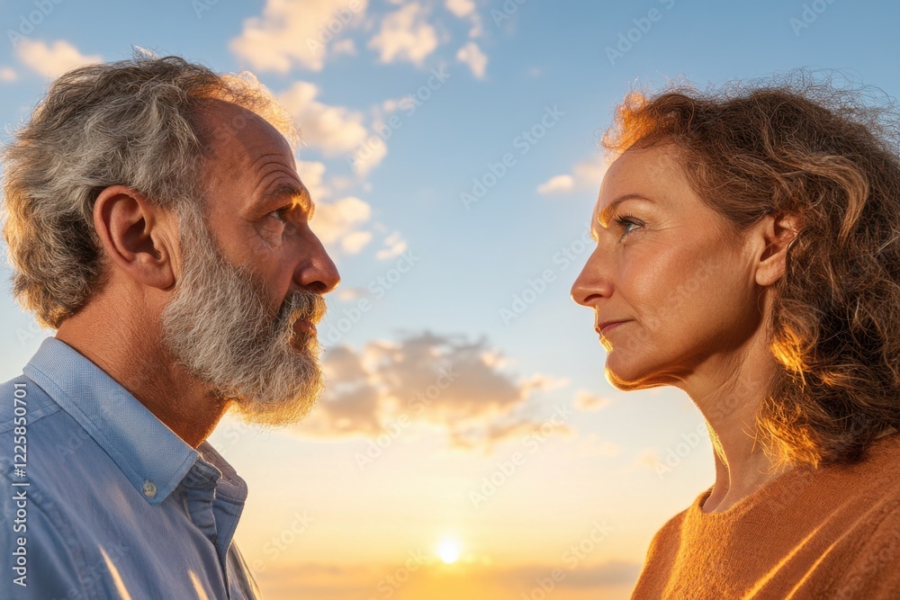 man and a woman stand against the backdrop of a beautiful sunset. man is wearing a blue shirt, and the woman is wearing an orange one. couple looks at each other, relationship, couple therapy man and a woman stand against the backdrop of a beautiful sunset. man is wearing a blue shirt, and the woman is wearing an orange one. couple looks at each other, relationship, couple therapy