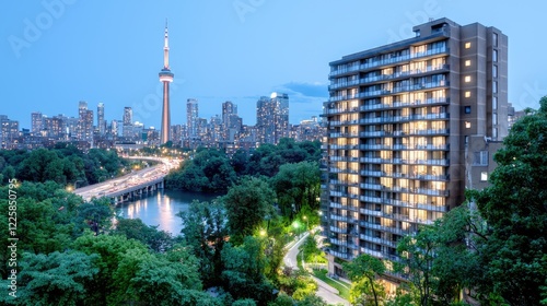 City apartment building at dusk, Toronto skyline