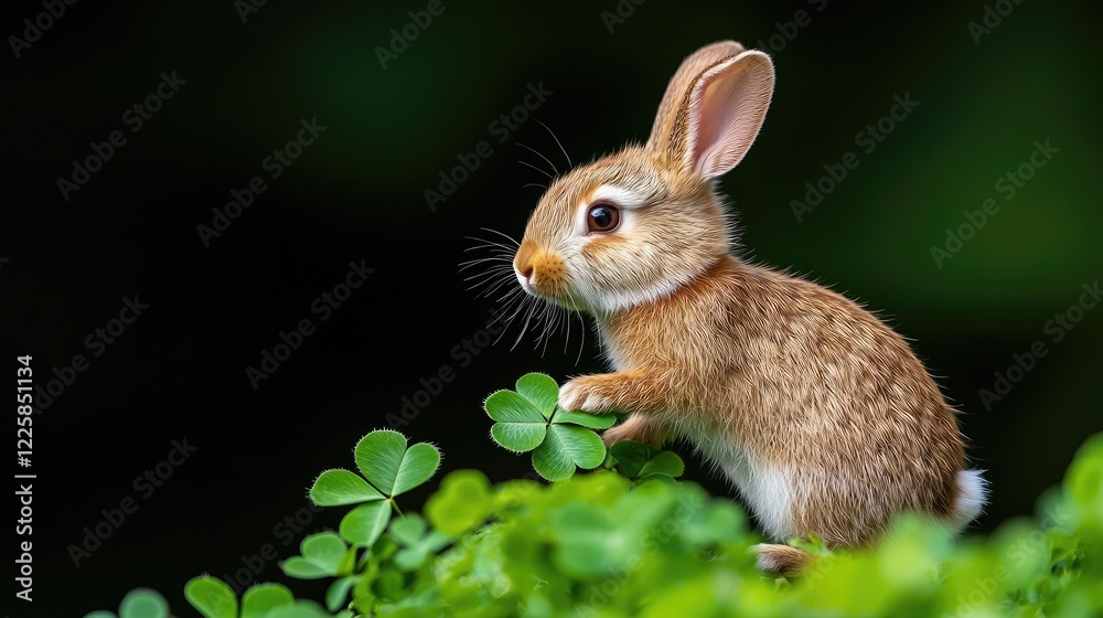 Fototapeta premium Adorable bunny rabbit, clover, nature background, spring, wildlife, easter