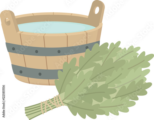 Wooden bucket with water and broom of oak leaves for sauna. Bath accessories isolated on a white background