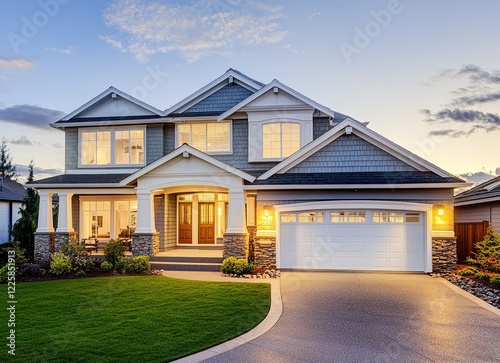 Elegant Two-Story Home: Dusk Exterior with Warm Lighting photo