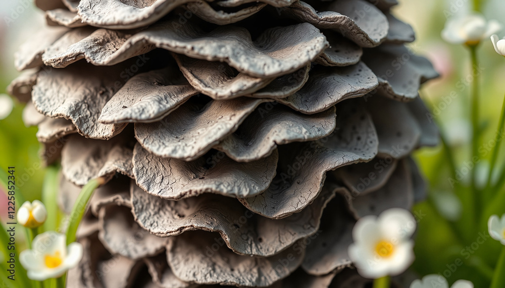 Textured pine cone among spring flowers in nature Textured pine cone among spring flowers in nature