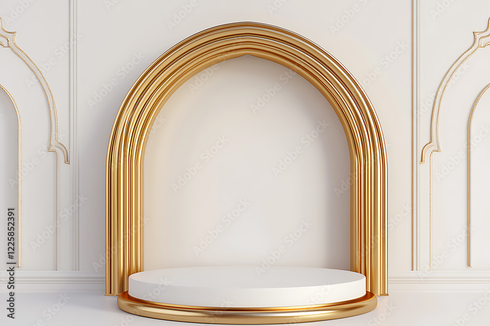 A luxurious, minimalist scene featuring a white, round platform nestled within a golden archway A luxurious, minimalist scene featuring a white, round platform nestled within a golden archway