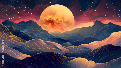 Celestial tapestry a glowing planet amidst the cosmic dance of stars and nebulae, adorned with a golden sunset over lush mountain ridges. stellar ridge. illustration. Gilded Ridge. Illustration photo