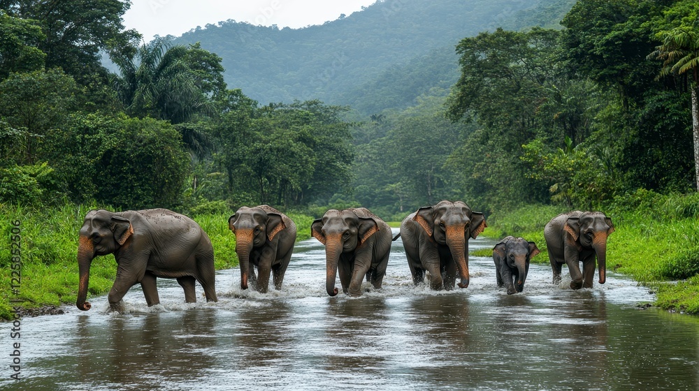 Elephant herd crossing river, lush jungle background; nature documentary Elephant herd crossing river, lush jungle background; nature documentary