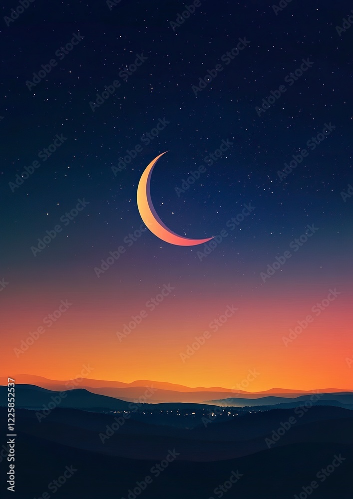 Crescent Moon over Serene Sunset Mountains: A Peaceful Night Scene Crescent Moon over Serene Sunset Mountains: A Peaceful Night Scene