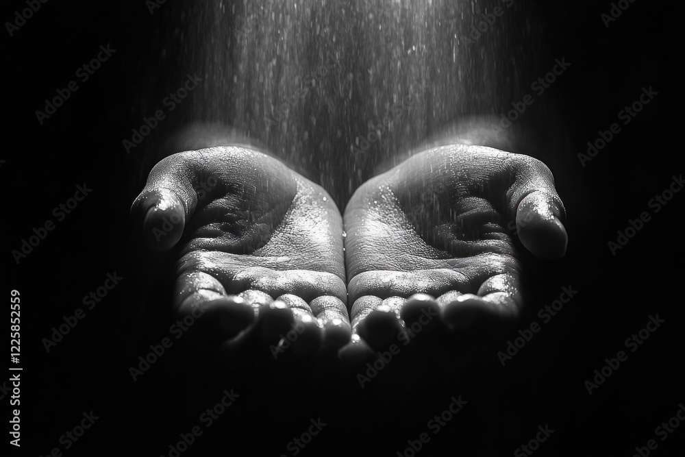 A pair of open hands reaches upward, catching delicate rays of light against a dark background, creating a serene atmosphere filled with hope and tranquility A pair of open hands reaches upward, catching delicate rays of light against a dark background, creating a serene atmosphere filled with hope and tranquility