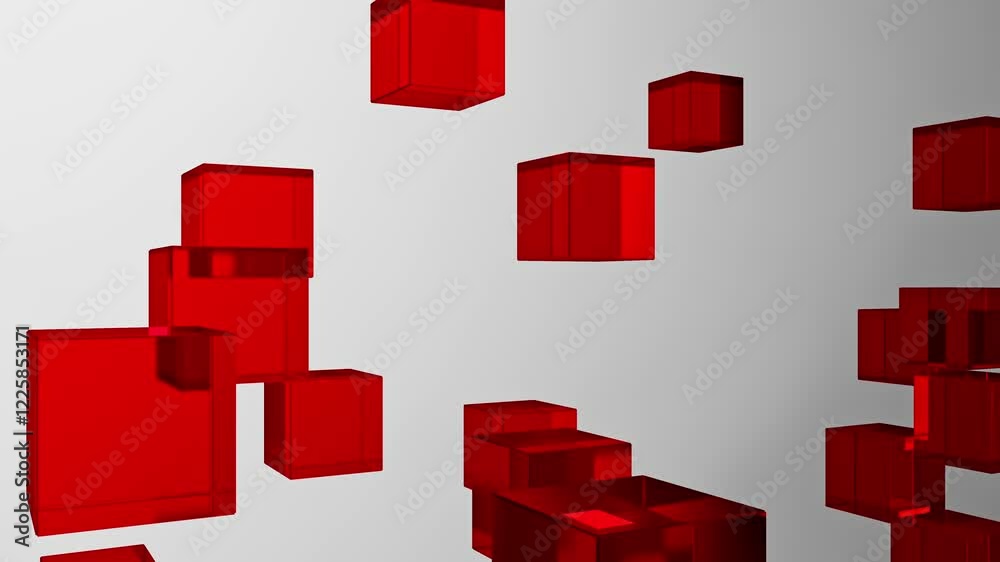 Colorful Geometric Shapes Forming a Cube on a Black Background – Educational and Design Visualization. Red translucent cubes are floating on a gray background. 