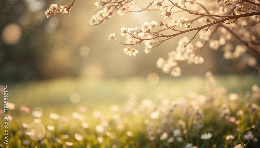 Fototapeta premium Cherry blossom branches over spring meadow with sunlight