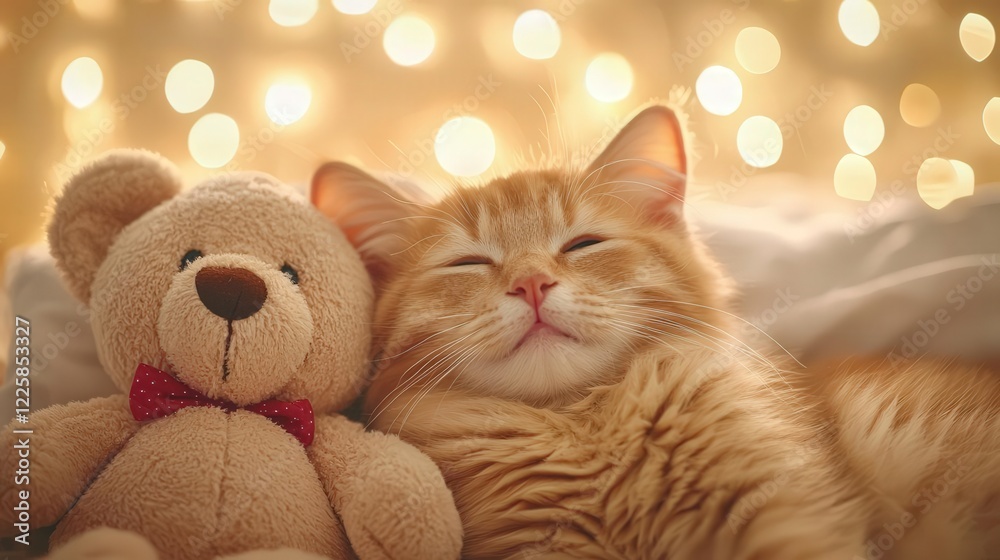 Fototapeta premium Cute ginger kitten with teddy bear