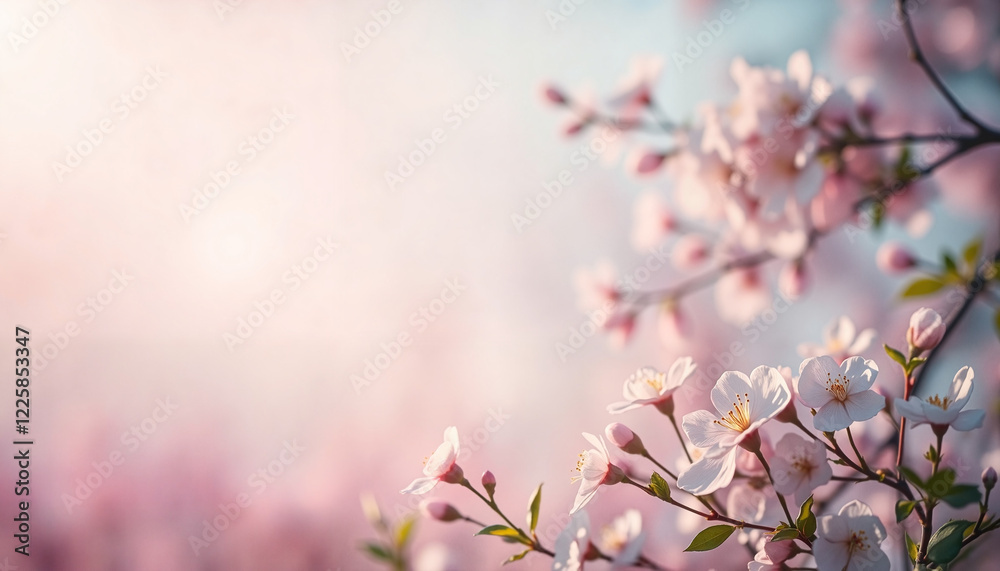 Fototapeta premium Delicate cherry blossoms blooming against soft pastel background