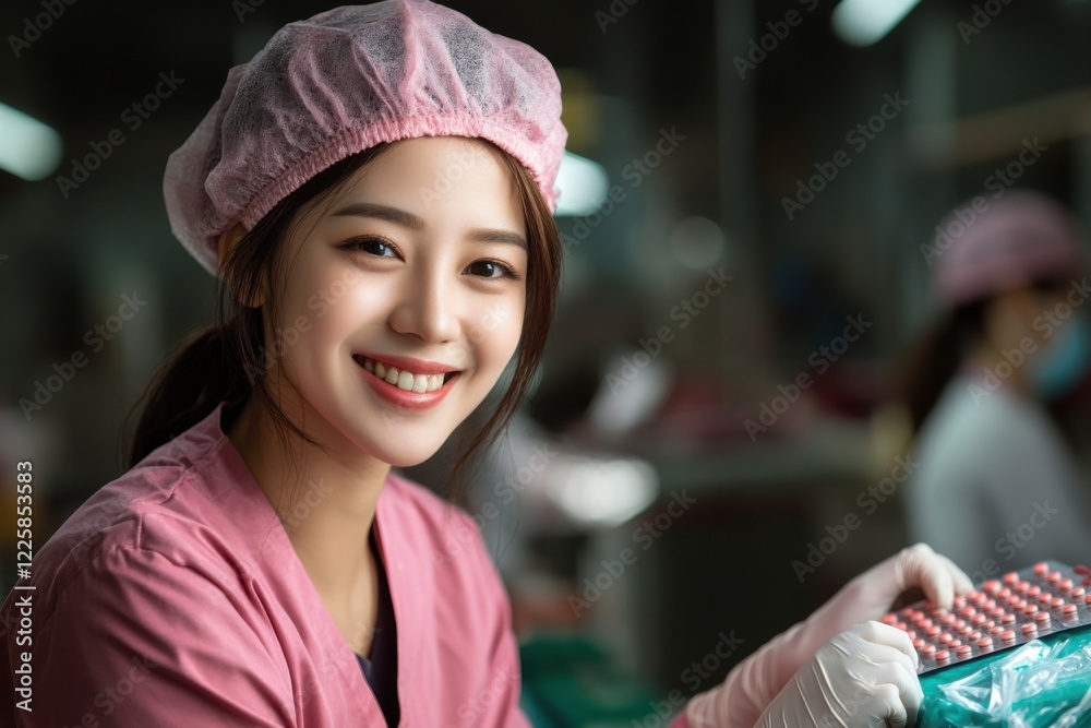Asian woman works at a factory for the production of pills and medicines. female employee of the pipeline for the selection of medicines. The woman smiles Asian woman works at a factory for the production of pills and medicines. female employee of the pipeline for the selection of medicines. The woman smiles