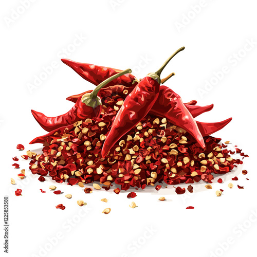 Dried Red Chilli Pepper Flakes with Seeds Isolated on a white background dynamic seasoning splatter. Vector illustration
