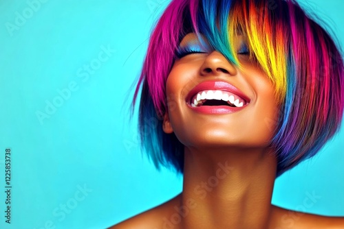 Short hairdo - multicolored hair. Commercial marketing creative. Pretty happy mixed-race girl - for ads, magazine ad and social apps networks use. Artistic advertising styles. Colored hair ads.
