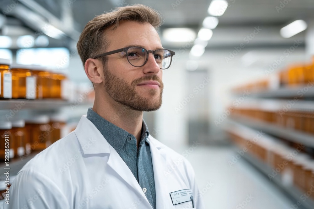 oung man in a white coat works in a pharmacy or in the manufacture of medicines and pills. the person is a doctor, working in a clinic or hospital. oung man in a white coat works in a pharmacy or in the manufacture of medicines and pills. the person is a doctor, working in a clinic or hospital.