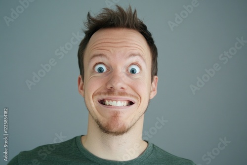 A cheerful man displays a wide smile, looking both bewildered and joyful in a simple indoor location. His expressive eyes and playful demeanor create an amusing atmosphere photo