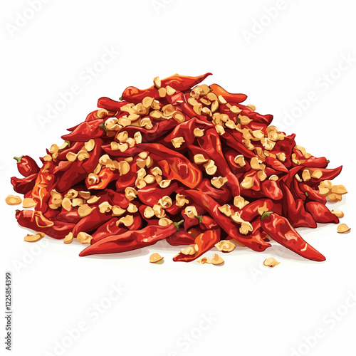 Dried Red Chilli Pepper Flakes with Seeds Isolated on a white background dynamic seasoning splatter. Vector illustration