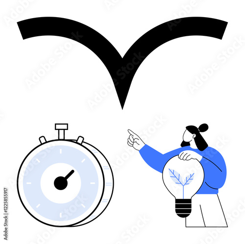 Black upward curve symbolizing progression, stopwatch representing time, person pointing while holding lightbulb for innovation. Ideal for productivity, goals, creativity, inspiration, time