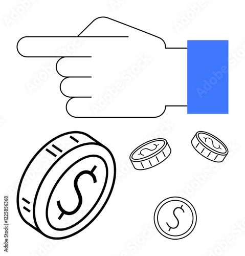 Outlined hand pointing towards scattered coins with dollar signs. Ideal for finance, savings, investment, decision-making, wealth distribution, business plans, or abstract line flat metaphor