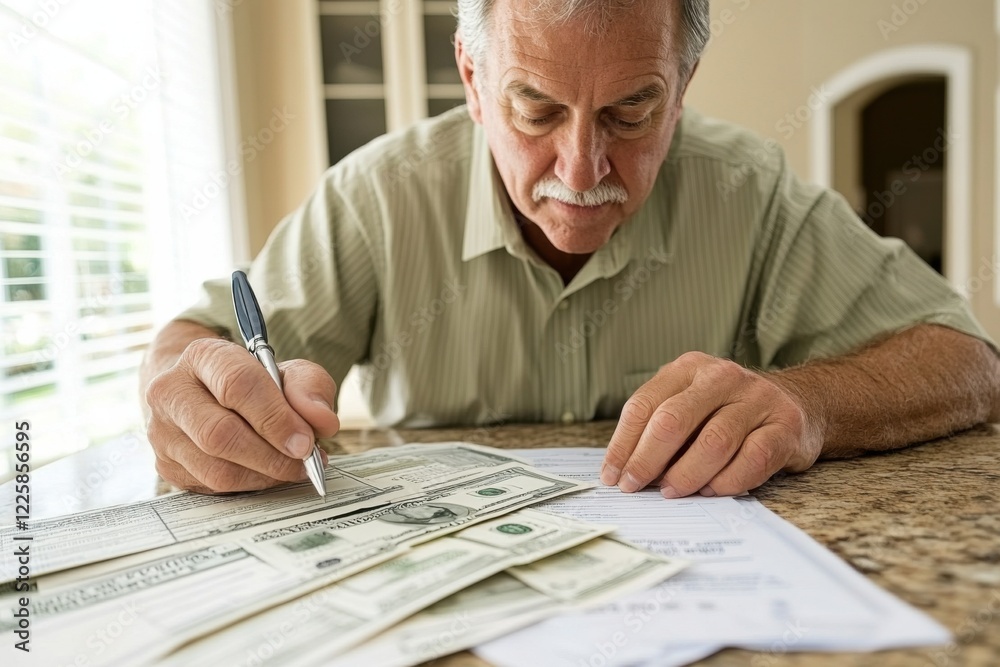 elderly man with glasses takes notes on paper. Grandpa pays the bills, the loans. financial advisor or family accountant elderly man with glasses takes notes on paper. Grandpa pays the bills, the loans. financial advisor or family accountant