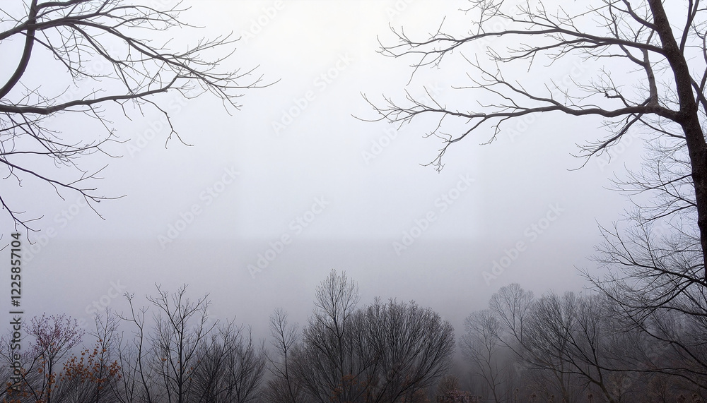 Obraz premium Misty forest landscape with bare trees in foggy winter