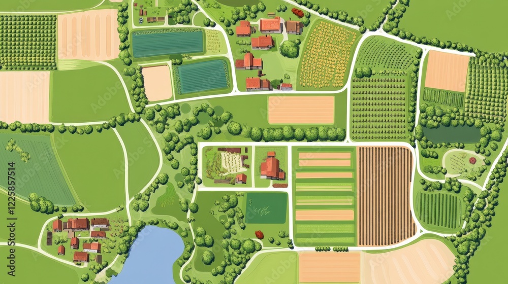 Fototapeta premium Aerial view of a vibrant farming landscape showcasing fields, houses, and a serene lake