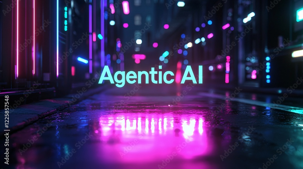Fototapeta premium Agentic AI Neon Lit Futuristic Street Scene with Reflections and Glowing Effects.