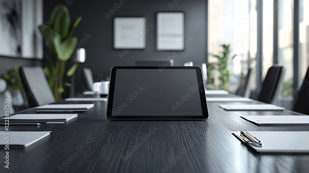 Conference Room Table with Papers and Tablet Device Ready for Meeting Discussion Session. Conference Room Table with Papers and Tablet Device Ready for Meeting Discussion Session.