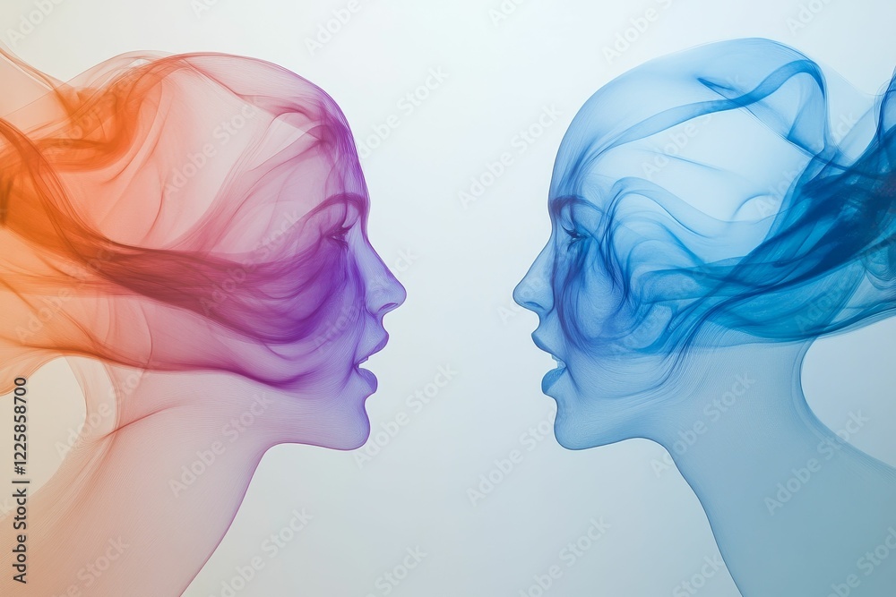 Two faces opposite each other, sheer colored line art. Two faces opposite each other, sheer colored line art.