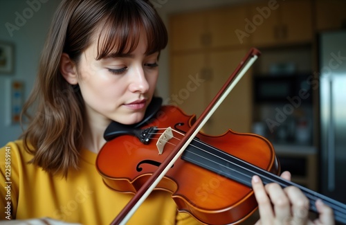 Young woman plays violin in minimalist apartment. She is focused and enjoying music practice. Casual home setting. Musical hobby. Indoor shot. Warm lighting.
