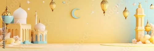 A soft and elegant 3D scene featuring glowing lanterns, a crescent moon, and a cozy lounge area, creating a warm ambiance for Islamic holidays like Ramadan and Eid.