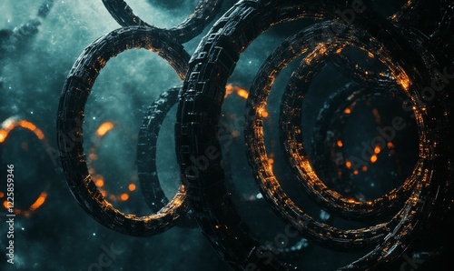 Fototapeta Naklejka Na Ścianę i Meble -  Glowing, dark rings float in a cosmic void.