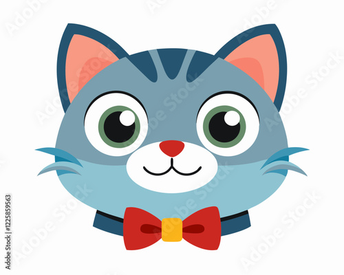 Cartoon Cat Face with Bowtie in Flat Minimalist Design