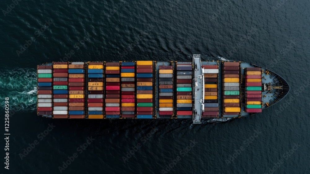 Obraz premium Aerial perspective of a colorful cargo ship gliding smoothly through deep blue ocean waters.