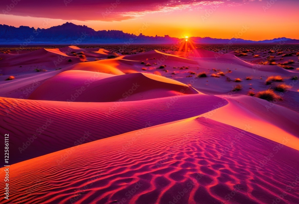Naklejka premium breathtaking desert sunset vibrant colors dramatic shadow play sand dunes, orange, red, purple, light, clouds, landscape, beauty, scene, evening, scenery