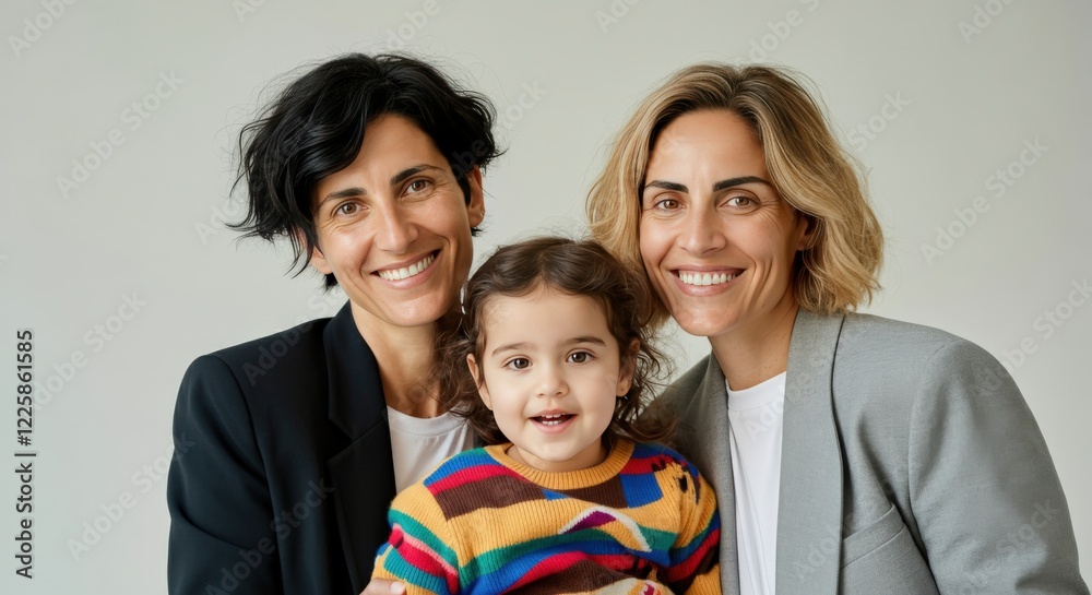 Happy family portrait of two women and young child in colorful sweater celebrating unity and diversity Happy family portrait of two women and young child in colorful sweater celebrating unity and diversity