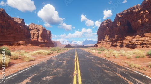 In the middle of the road there is an observation deck with sandstone rock formations on either side of the modern paved route.