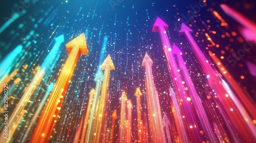 Colorful glowing arrows are pointing upwards on a dark, digital background, symbolizing growth, success, and upward trends in business, finance, and achievement