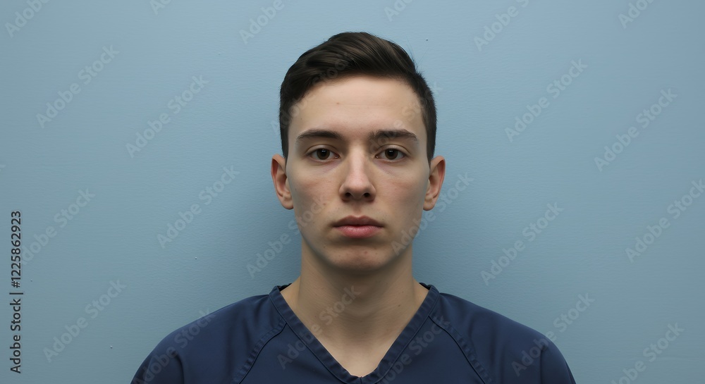 Obraz premium Young Man Portrait Neutral Expression Blue Background