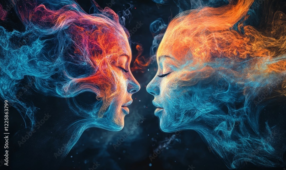 Two faces with colorful, flowing energy facing each other.