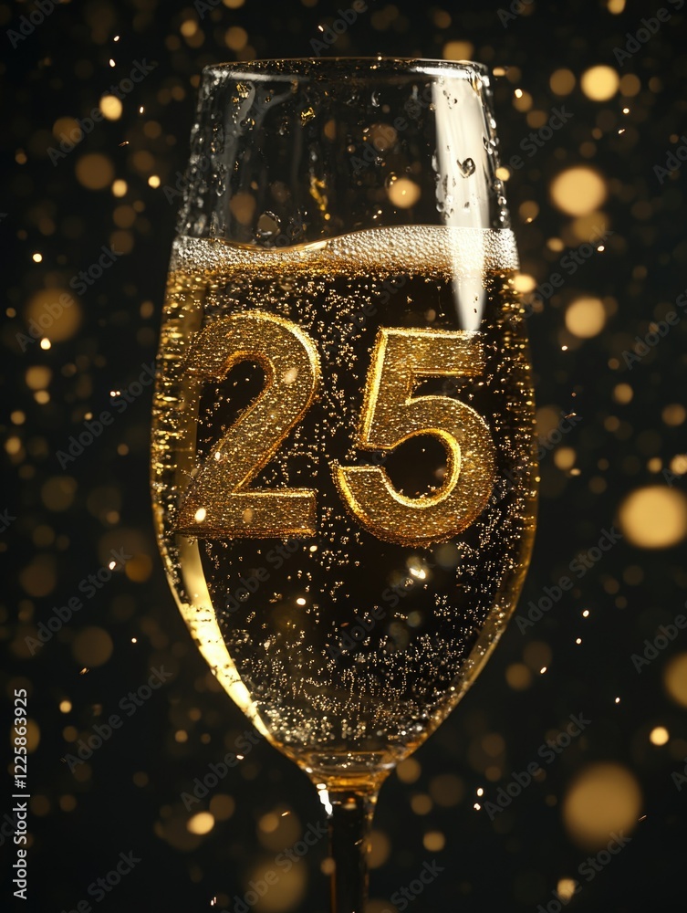 Sparkling Wine Bottle with Numbered Champagne Flute and Gold Confetti