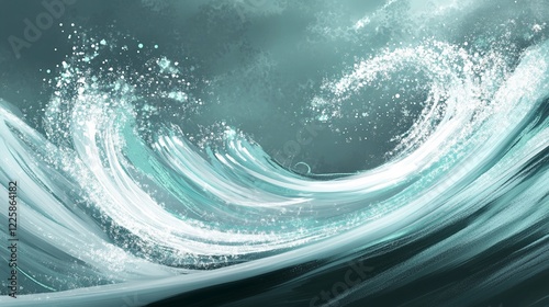 Sleek Digital Signature with Turquoise Halo Effect, Radiant Light Waves, and Shimmering Particles on a Teal and Gray Background