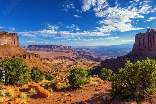 A panoramic view of a high desert plateau with scattered juniper trees under a vast blue sky. photo