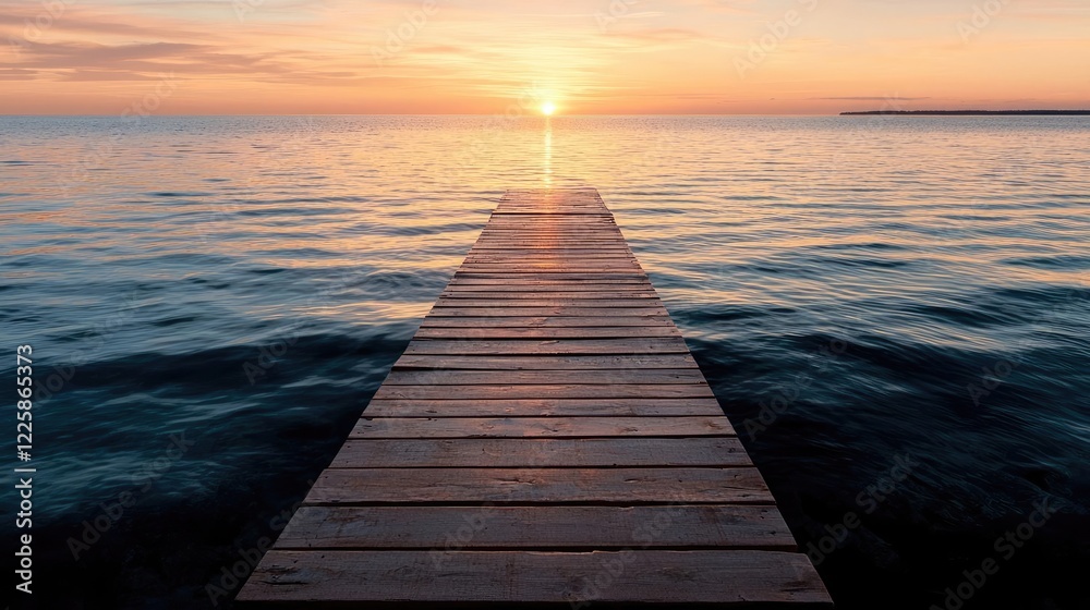Obraz premium Sunrise over calm sea, wooden pier extending, peaceful morning scene, ideal for travel brochures