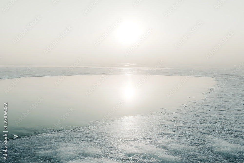 Fototapeta premium A peaceful morning on a frozen lake, with thin ice reflecting the pale winter sun.
