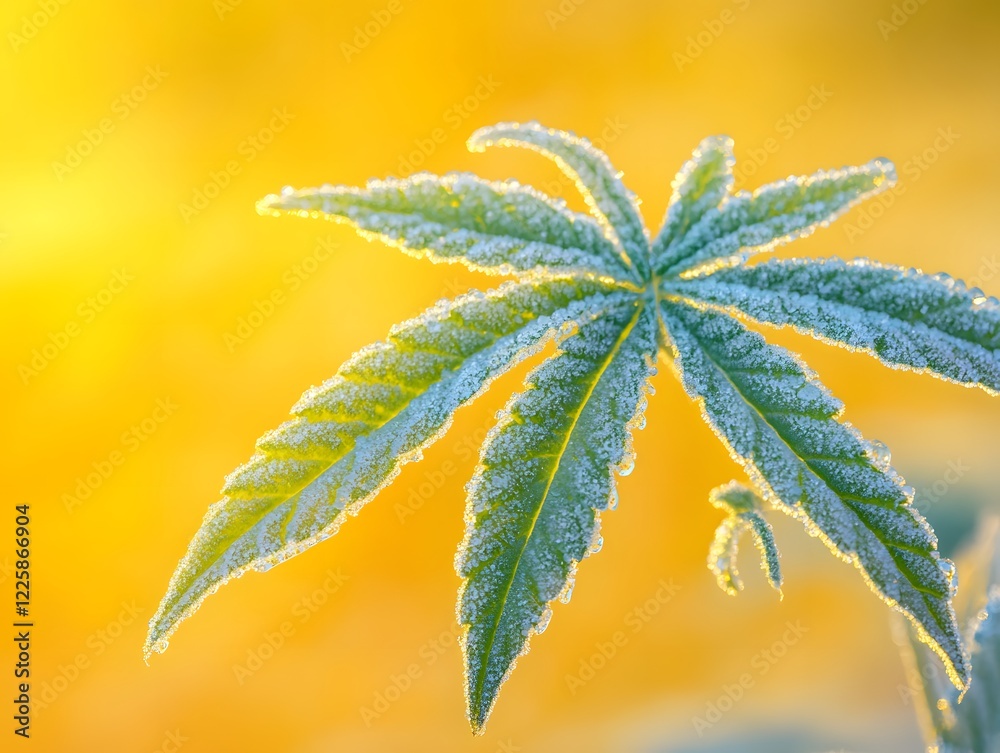 Delicate Green Cannabis Leaf Against Vibrant Yellow Background Delicate Green Cannabis Leaf Against Vibrant Yellow Background