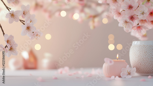 A serene and warm Hinamatsuri scene with delicate cherry blossoms, soft lighting, and a candle photo