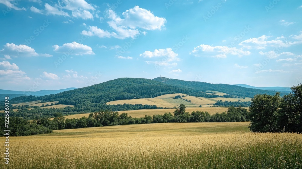 Obraz premium Serene Country Landscape with Rolling Hills and Mountainous Backdrop